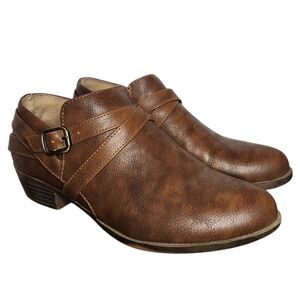 Lifestride Adley Brown Ankle Booties 7.5W • Buckle Strap Low Heel Wide